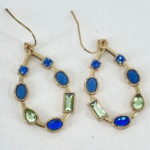 Draper Gold Tone Sapphire Blue and Green Bezel Set Oval Dangle Drop Earrings